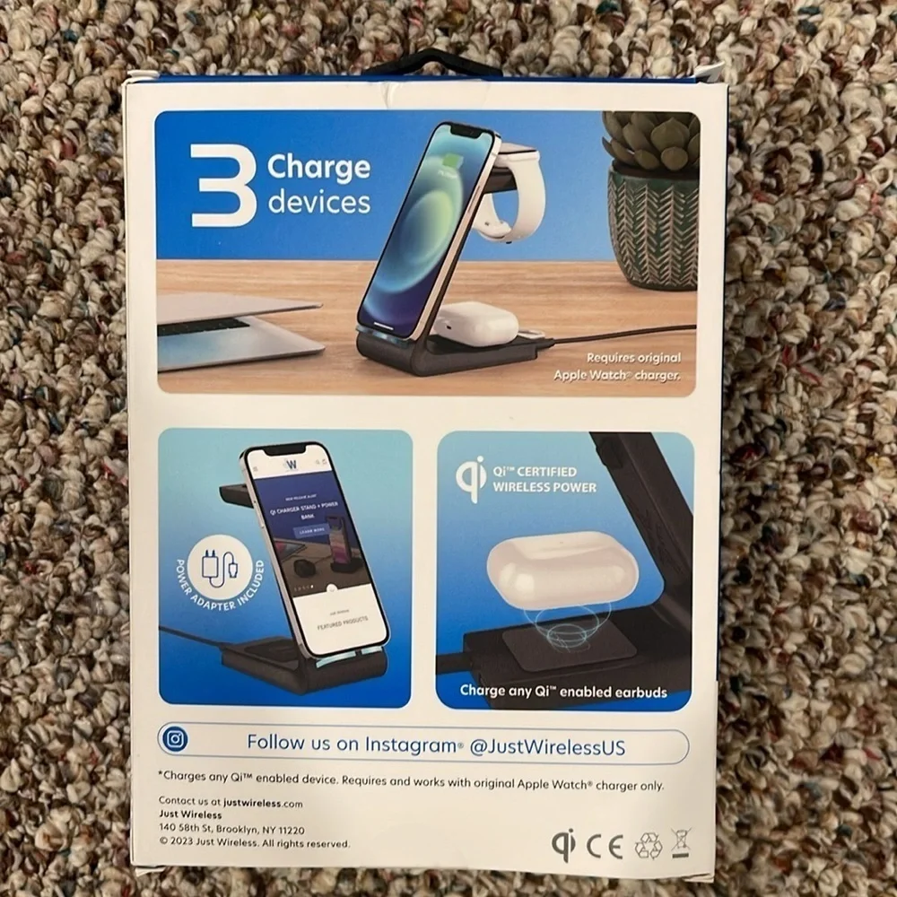 Just Wireless 3-in-1 Qi Charging Pad Compact Design with 6 TPU Cable - Black